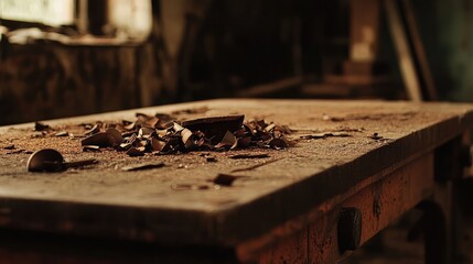Dusty Workbench in Abandoned Workshop with Broken Pottery Shards, Sunlight Filtering Through Windows, Evoking Memories of Craftsmanship and Hard Work