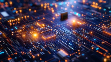 A futuristic quantum computing background featuring intricate circuitry, glowing data streams, and a blend of dark and neon colors 