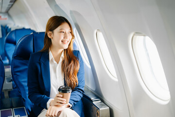 Young Asian executive excels in first class, multitasking with digital tablet, laptop and smartphone