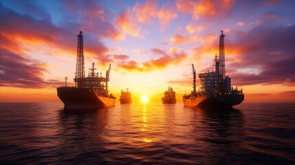 Fototapeta premium Oil rigs at sunset on calm ocean water.