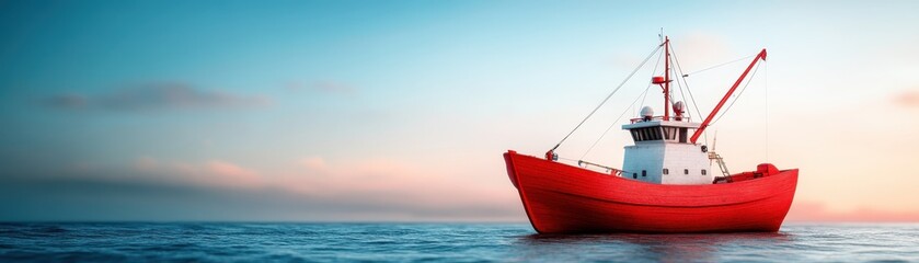 Naklejka premium Red fishing boat on calm ocean waters.