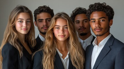 Fototapeta premium Business team portrait of varied ethnic backgrounds, including teenagers, formal wear, isolated, white background