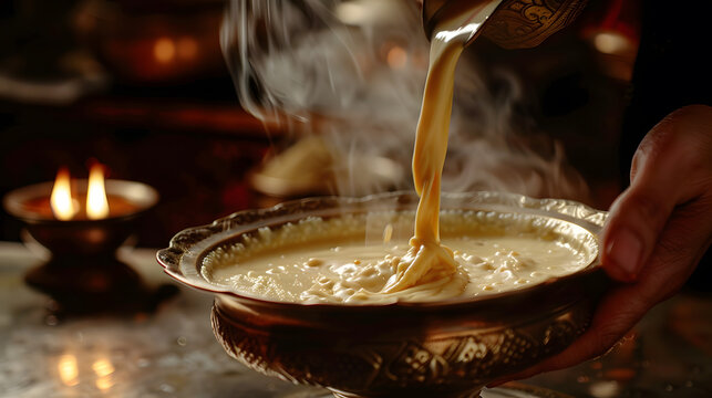 Diwali, Hand pouring creamy kheer into a serving