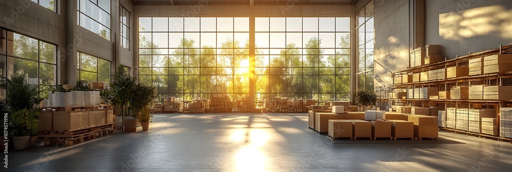 Poster spacious and bright modern warehouse interior with rows of shelves and stacked boxes,illuminated by 