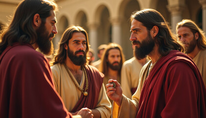Pharisees confront Jesus about the obligation to pay taxes in a bustling marketplace during ancient times