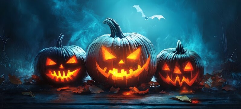 Spooky and creepy Halloween jack-o'-lanterns with glowing carved faces surrounded by a dark,eerie autumn night landscape with fog,bats,and a full moon creating a haunting,supernatural atmosphere.