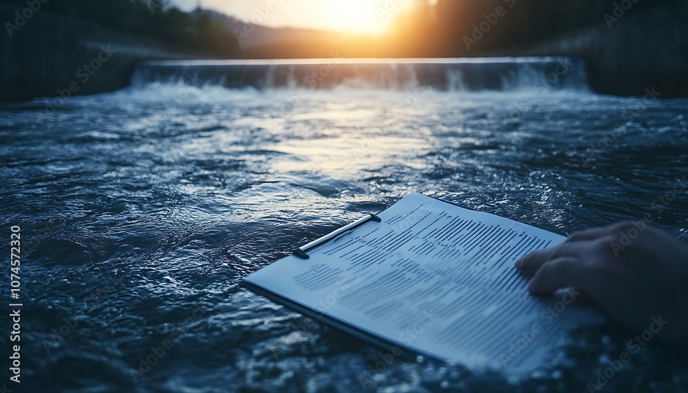 Poster a serene scene of a hand holding a book over a flowing river, capturing the essence of relaxation an