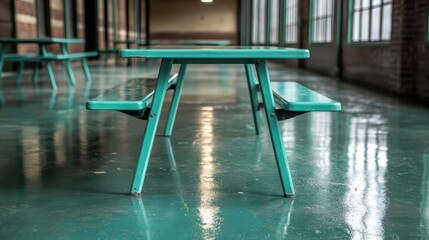 A symmetrical view of a turquoise picnic table in a spacious hallway with glossy floors, casting reflections, creating a serene and modern atmosphere.