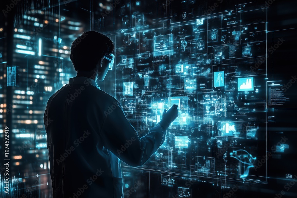 Poster data visualization and analysis, scientist interacting with digital interface