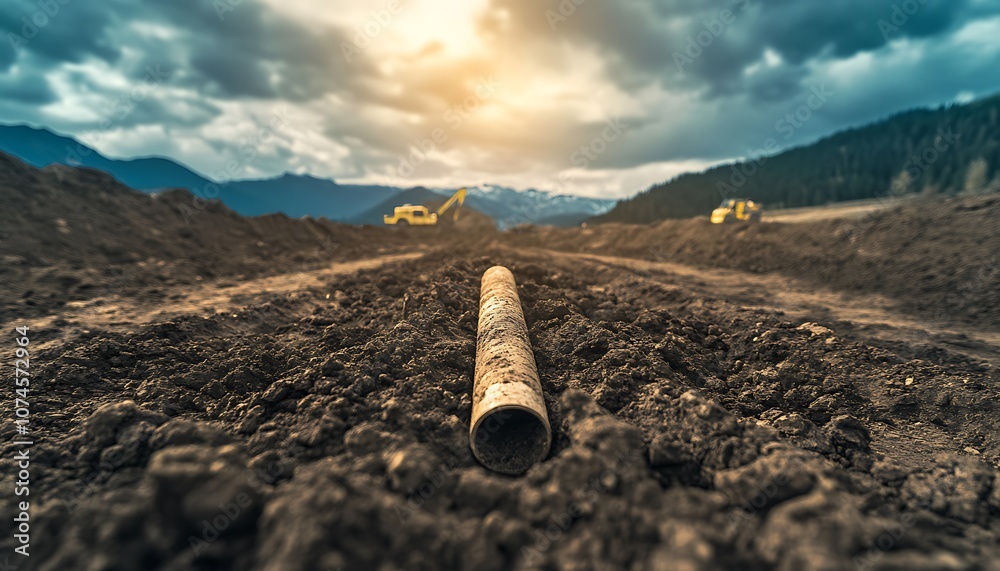 Poster A construction site with a pipe lying on the ground amidst dark soil, under a cloudy sky, showcasing a landscape oriented for future development.