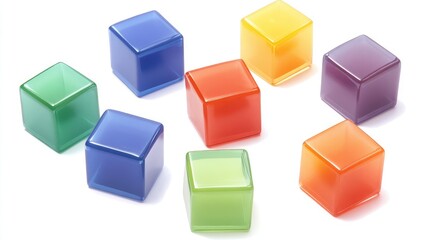 Obraz premium Colorful Transparent Plastic Cubes Arranged on a White Background for Creative and Playful Visual Concepts in Education and Design