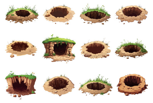 Ground hole set. Forest garden animal groundhog. Dirty dig pit soil earth land surface and burrow entrance. Deep underground hole. Elements with grass plants. Cartoon style isolated vector clipart