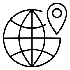 Line icon illustrating a travel destination pin with a sleek, minimal outline style. Ideal for apps, maps, travel guides, or tourism projects in a modern, vector format.