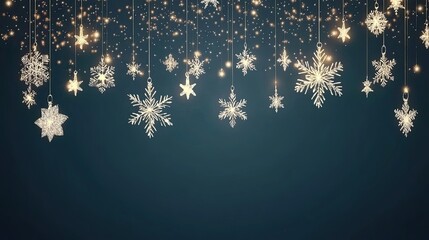 Elegant hanging snowflakes with sparkling stars on dark background for holiday decor Background with space for text