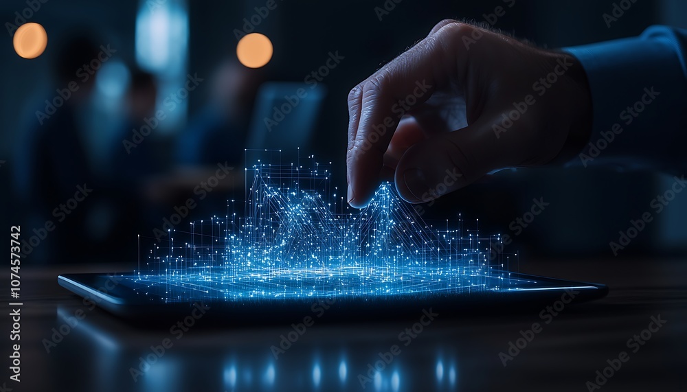 Poster A hand interacts with a digital display, creating a glowing, dynamic visualization of data, illustrating technology and innovation in a modern setting.