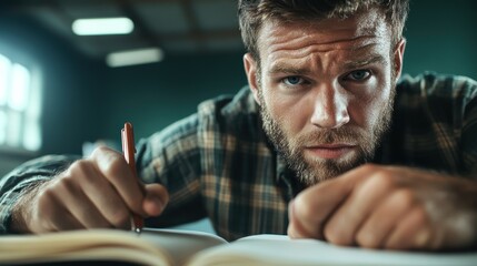 A bearded man is deeply focused while writing, set in a dimly lit room, depicting concentration and creativity, emphasizing thought and intellect.