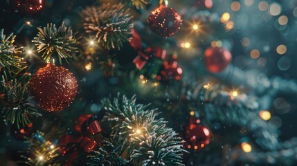 A close-up shot of a Christmas tree decorated with colorful ornaments