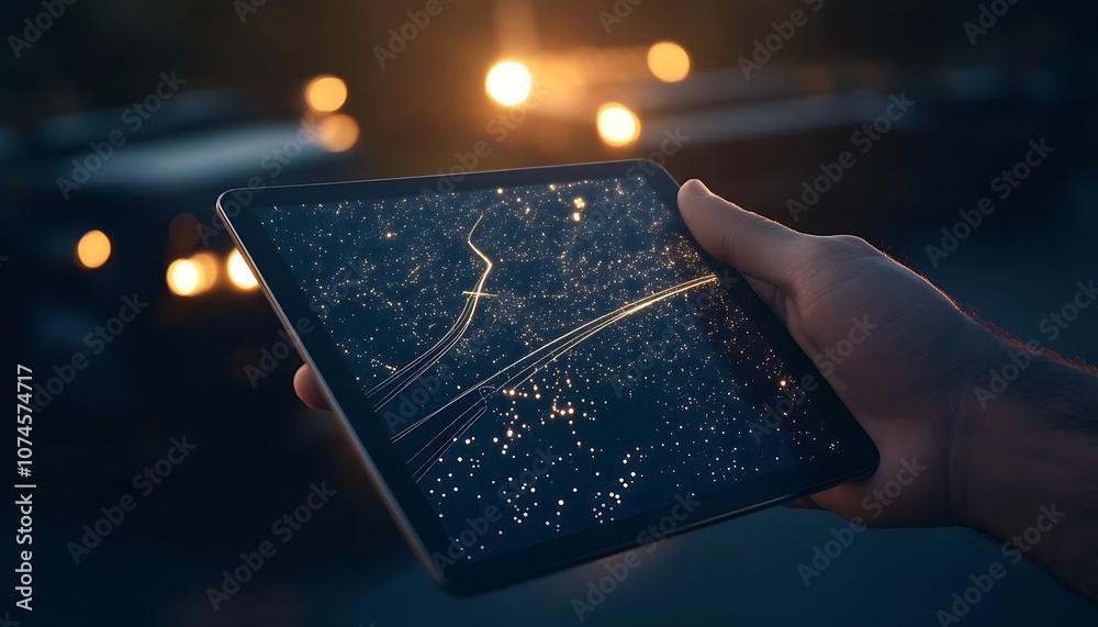 Poster a person holds a tablet displaying a star-filled sky, illuminated by distant lights, signifying a bl