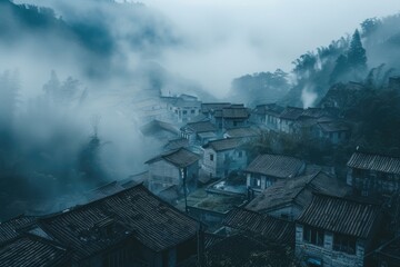A misty forest landscape with a small village in the distance, surrounded by dense trees and fog