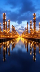 Fototapeta premium Dusk over a glowing industrial site reflection.