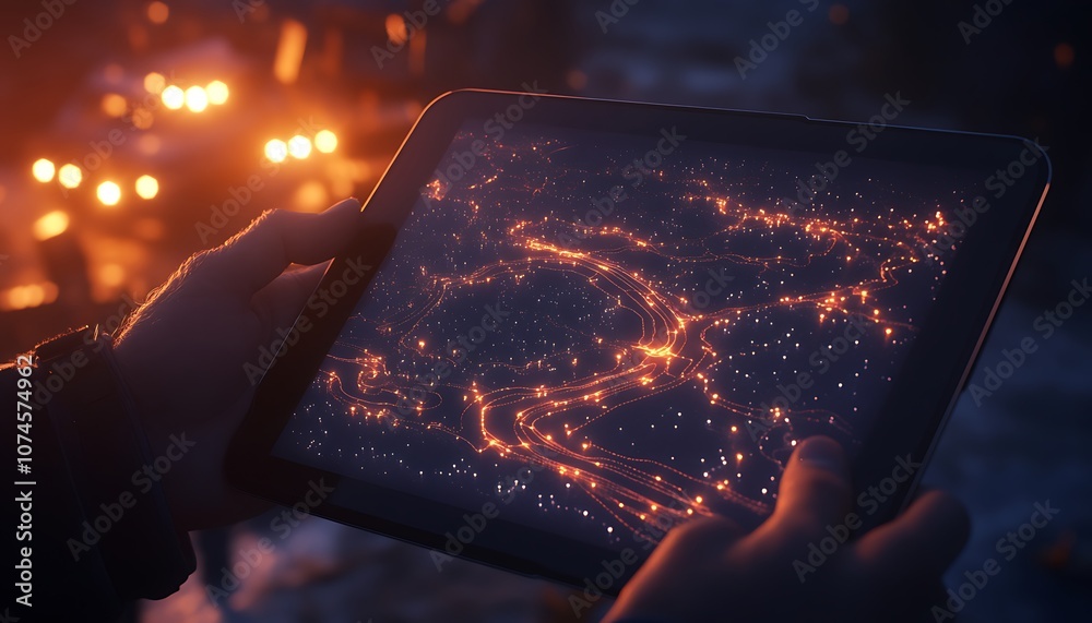 Poster a glowing tablet displays a starry network in a dark setting, conveying a sense of exploration and t