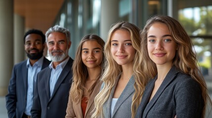 Diverse professionals with teens in business and casual attire, group portrait, isolated, white background