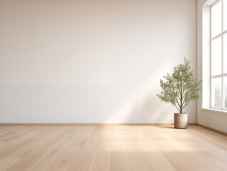  A bright and airy room with light wooden flooring, featuring an empty wall for design mockups. The space is bathed in natural sunlight from the window on one side.