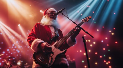 Funny Santa Claus rocking out on stage with a bass guitar amidst colorful lights. 