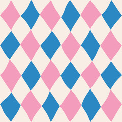 Seamless abstract geometric pattern of blue and pink rhombuses in a row on a light background, harlequin motifs, hand drawn illustration	