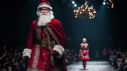 Obraz premium Funny Santa Claus walks proudly down the runway in elegant red attire during a festive fashion show.