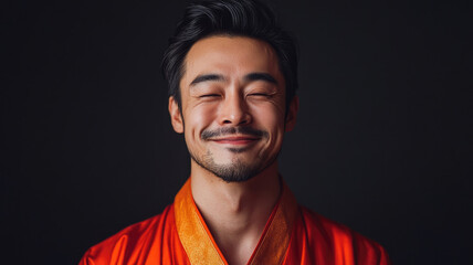Obraz premium Close-up of a happy senior Asian man in traditional red attire smiling with joy
