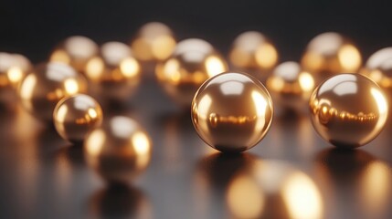 Shiny Golden Spheres on Dark Background with Soft Reflections Creating a Stylish and Luxurious Atmosphere Perfect for Premium Design Projects