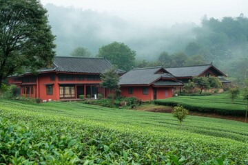 A traditional red house on a tea plantation, perfect for use in travel or agricultural themes