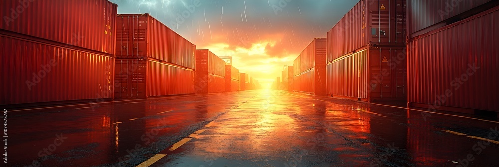 Poster towering red cargo containers stacked in a busy seaport against the backdrop of a dramatic sky at su