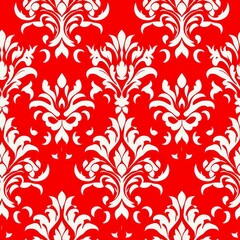 A vibrant red background features elegant white floral patterns, creating a striking decorative motif.