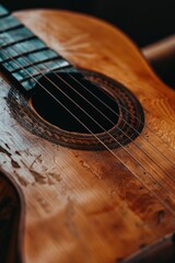 Fototapeta premium Wooden-bodied guitar in close-up shot, ideal for music-related uses