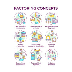 Factoring multi color concept icons. Benefits and operational steps involved in factoring services. Credit protection. Icon pack. Vector images. Round shape illustrations. Abstract idea
