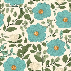 A vibrant floral pattern featuring blue flowers and green leaves against a light background, ideal for decorative designs.