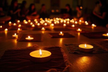 Close-up of a lit candle on a wooden table with blurred out people in the background.