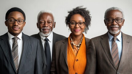 Group of business professionals from Haiti, various ages, including youth and elderly, isolated, white background