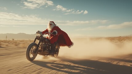 Obraz premium Funny Santa Claus rides a motorcycle through a dusty desert under a clear sky. Comical and whimsical scene