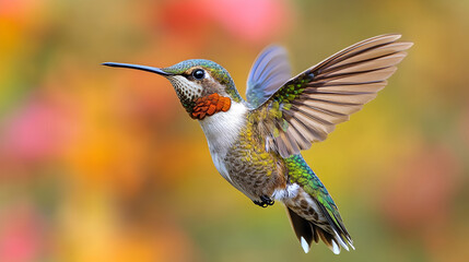Fototapeta premium Vibrant and Iridescent Hummingbird Gracefully Hovering Over Blooming Flowers in a Lush,Tropical Garden Environment. The Tiny.