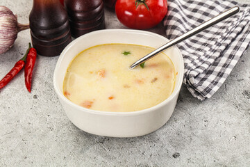 Salmon cream soup with vegetables