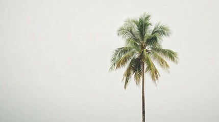 A solitary coconut tree rises against a pure white background, its leafy green fronds creating a striking contrast with the clean backdrop