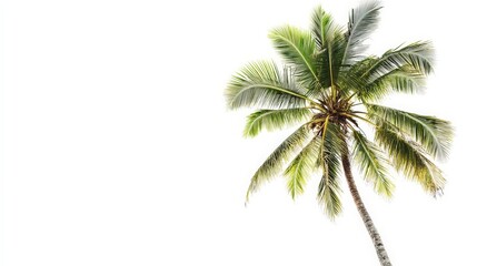 A solitary coconut tree rises against a pure white background, its leafy green fronds creating a striking contrast with the clean backdrop