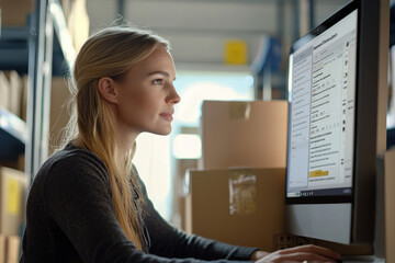 Woman Packing Order in Warehouse Environment