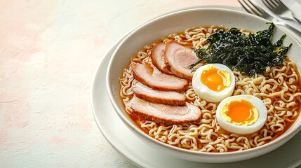 Delicious Ramen Noodles with Pork  Egg  and Seaweed