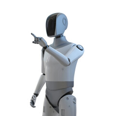 Humanoid robot with black face finger point isolated on white