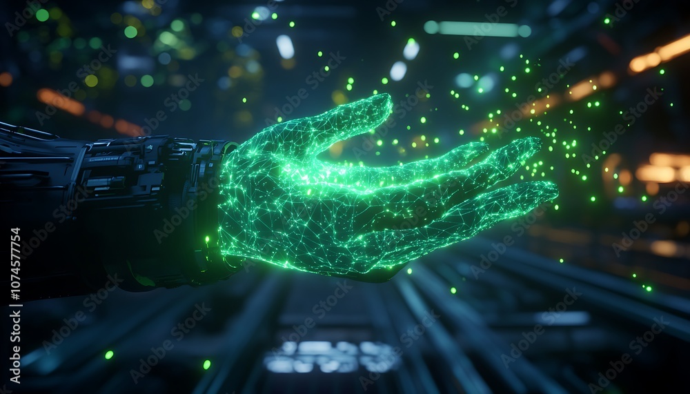 Poster a glowing, digital hand extends outward, surrounded by luminous particles, creating a futuristic and