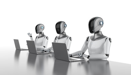Group of humanoid robots with laptop computers isolated on white